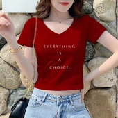 复古设计感2024夏季 纯棉t恤女V领港风露脐正肩上衣显瘦漏肚脐 短袖