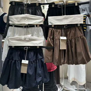 2025秋季纯色皮带花苞裙短裙防走光质感韩版A字裙潮流松紧腰欧货