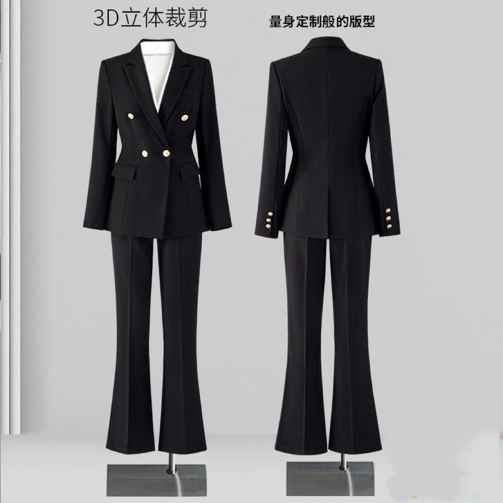黑色双排扣收腰西装套装女面试