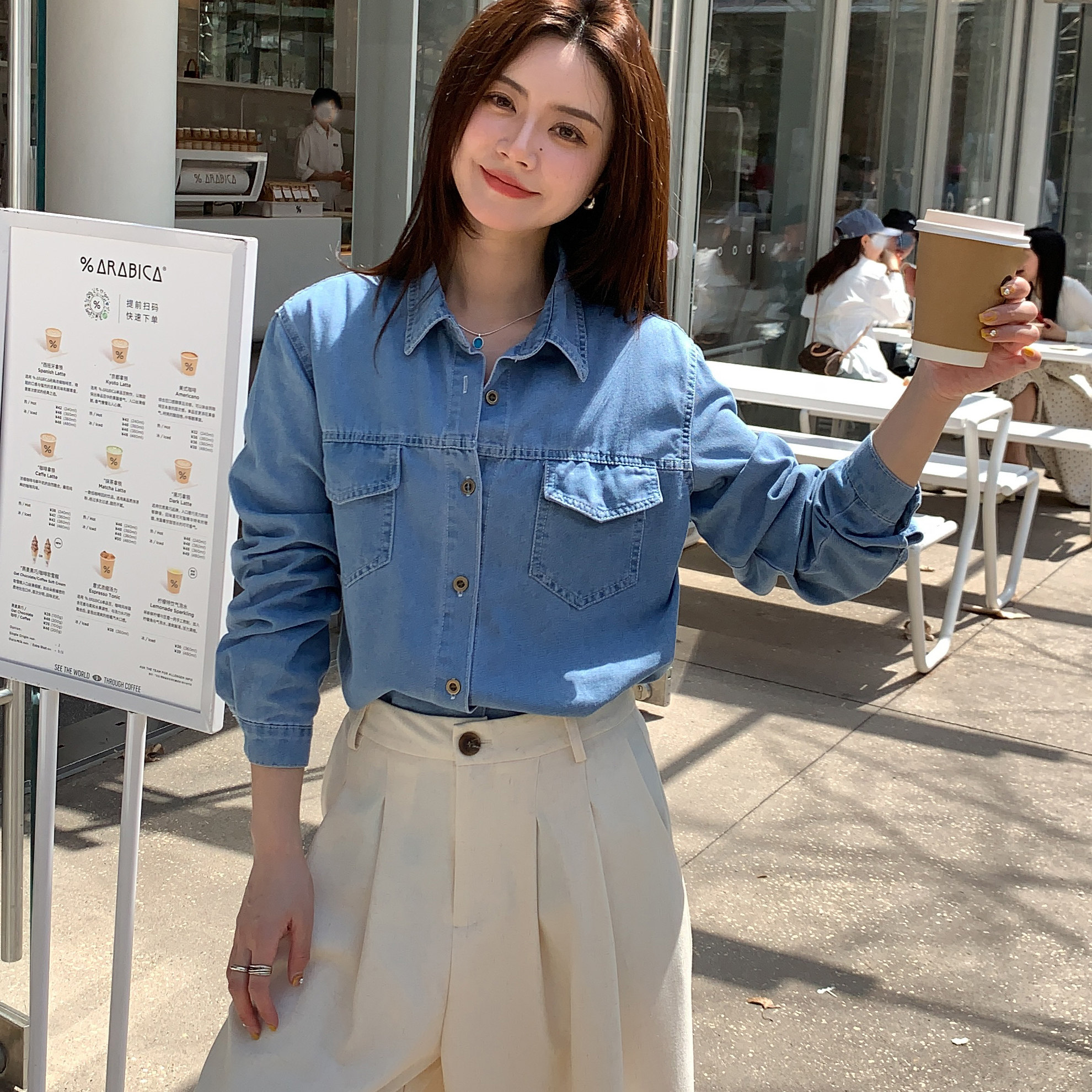 2025春装新款港味复古宽松牛仔衬衫女别致小众长袖衬衣外套上衣潮