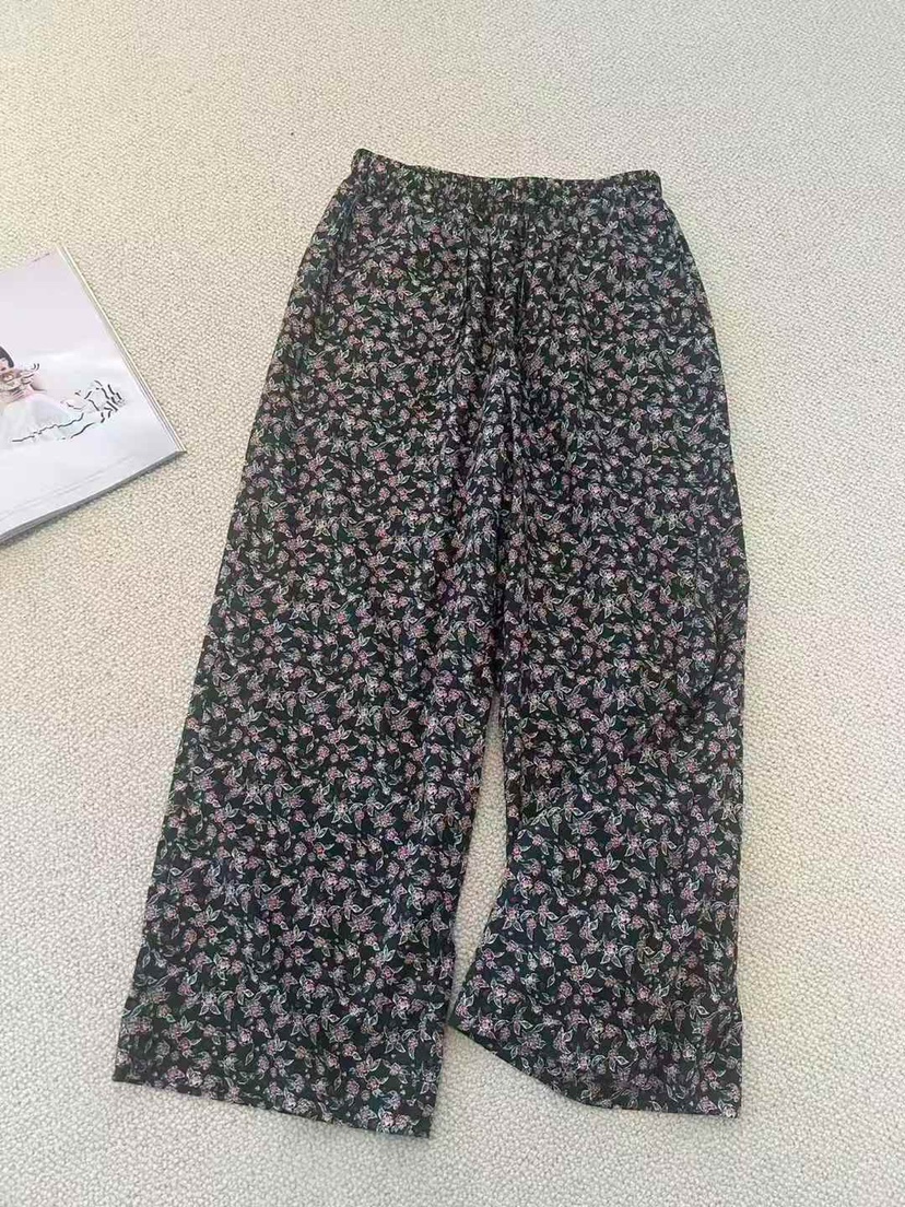 设计师25新品 小众设计复古休闲黑底红花花松紧腰直筒阔腿长裤女