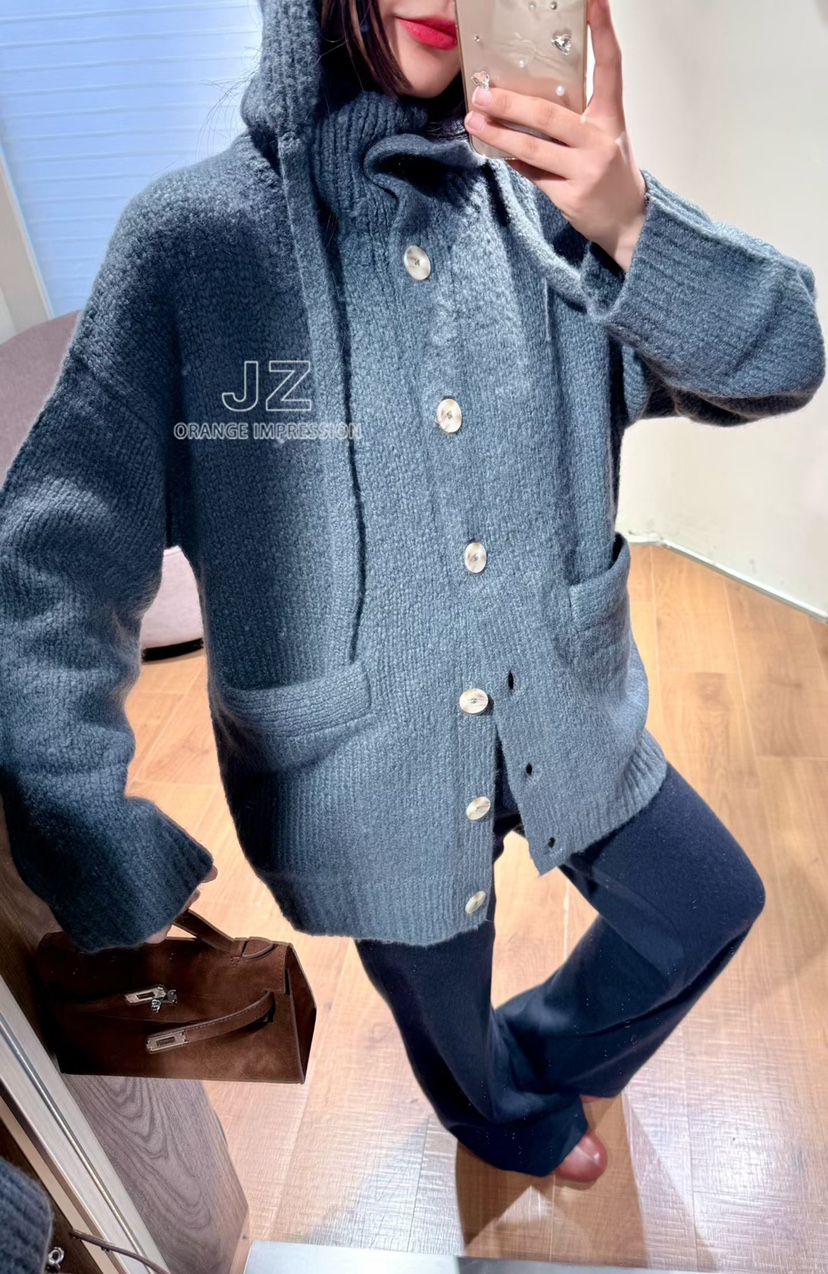 25秋冬新品 粗针加厚翻领中长款宽松慵懒羊绒针织开衫大毛衣外套