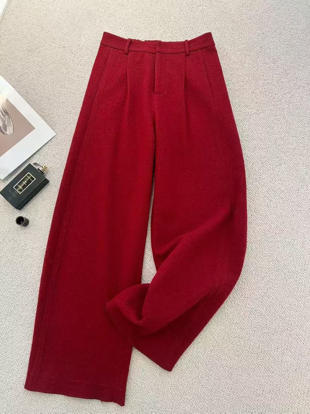 休闲百搭通勤 自然腰口袋纯色羊毛长裤阔腿裤 三色百搭时髦单品