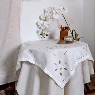 法式乡村手绣麻盖巾桌布床头柜盖巾手工抽纱外贸单高档素雅高级感