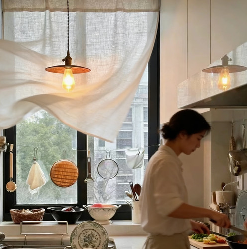 麻质厨房遮挡帘送郁金香绑带