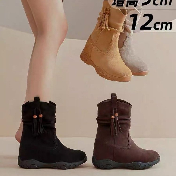厚底内增高10cm短靴女2025秋冬新款流苏马丁靴堆堆靴超火西部靴