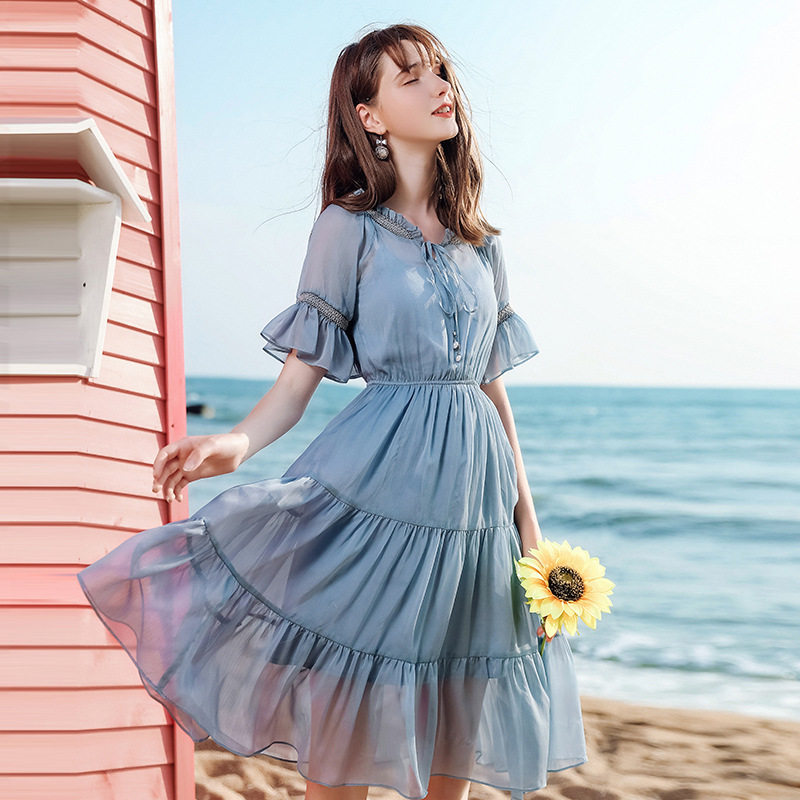 2020年夏季新款木耳边短袖收腰修身桔梗法式中长款雪纺连衣裙子女
