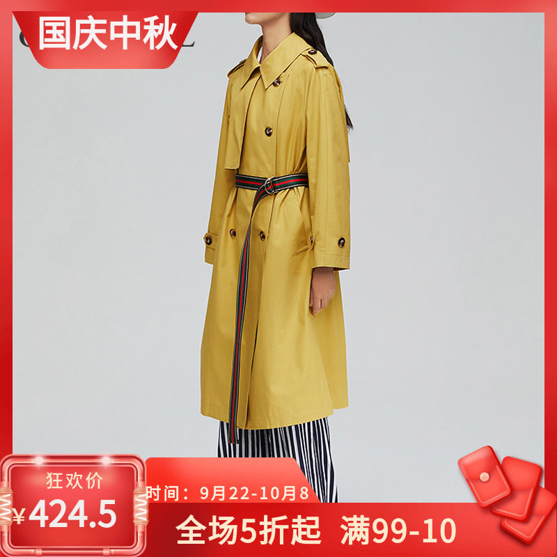 姜黄色风衣女中长款英伦风秋季新款修身过膝气质双排扣时尚外套女