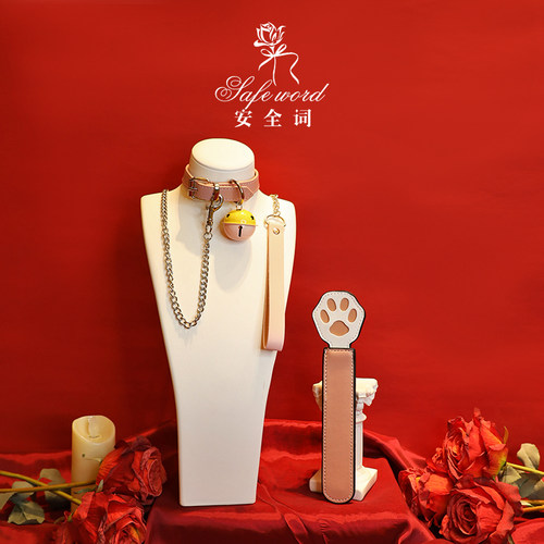 皮质puppy铃铛项圈带牵引绳小众choker设计项链粉色系小猫爪套装