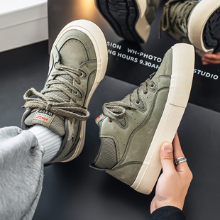 高帮男鞋秋季2025新款小众设计运动帆布鞋男款厚底增高休闲面包鞋