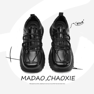 情侣款 原创小众设计方头男士 绑带休闲德比皮鞋 个性 厚底增高老爹鞋