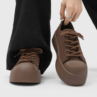 休闲板鞋 米奇大头鞋 棕色复古小众美式 厚底内增高7CM帆布鞋 男 春季