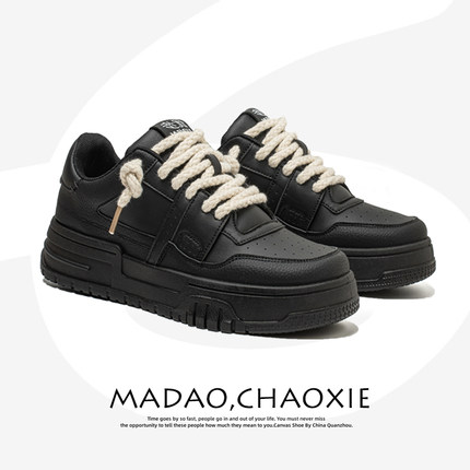 脏辫小黑鞋原创设计板鞋男面包鞋小众休闲鞋增高7CM厚底纯黑男鞋