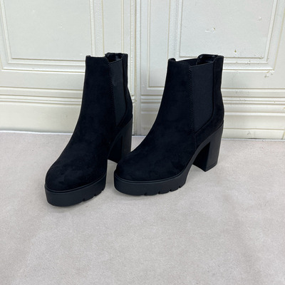 厚底粗高跟短靴简约时尚新款圆头