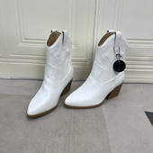 外贸原单时尚 马丁靴套筒百搭切尔西部牛仔刺绣尖头粗跟短靴女靴