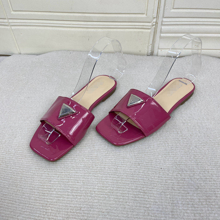 外贸原单女鞋新款shoes方头平底简约休闲舒适三角标一脚蹬凉拖鞋