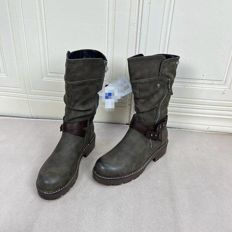 Lady Shoes 外贸原单女靴加绒新款时尚圆头粗跟皮带扣时装中筒靴