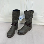 Shoes 外贸原单女靴加绒新款 时尚 Lady 圆头粗跟皮带扣时装 中筒靴