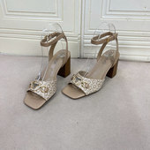 夏季 时尚 新款 外贸原单方头粗跟三角标搭扣凉鞋 气质高跟女鞋 露趾