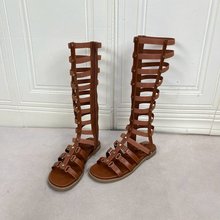外贸原单女鞋新款时尚shoes圆头纯色镂空平底高筒罗马凉鞋凉靴