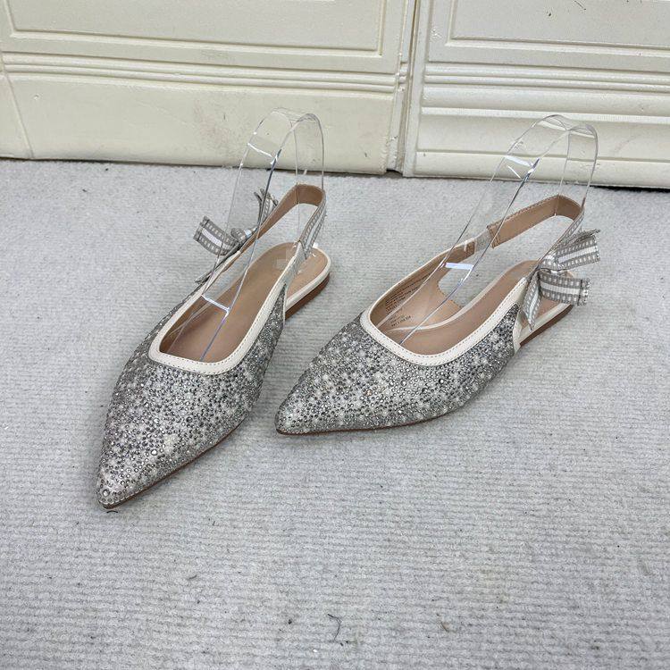 外贸原单工厂尾货尖头浅口豹纹带钻镂空蝴蝶结平底单鞋包头凉鞋