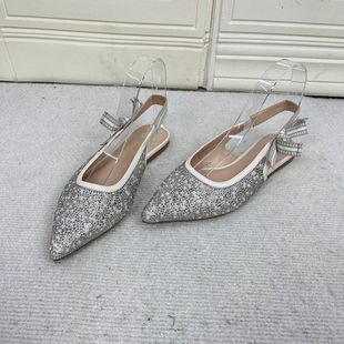 外贸原单工厂尾货尖头浅口豹纹带钻镂空蝴蝶结平底单鞋包头凉鞋