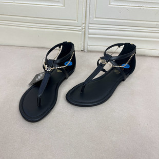 外贸原单女鞋新款圆头夹趾平底链条带钻时尚百搭包跟日常舒适凉鞋