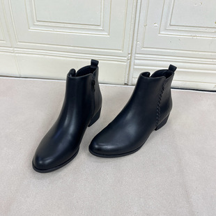 外贸原单粗跟圆头短靴简约时尚 侧拉链舒适百搭女靴子日常外穿 新款