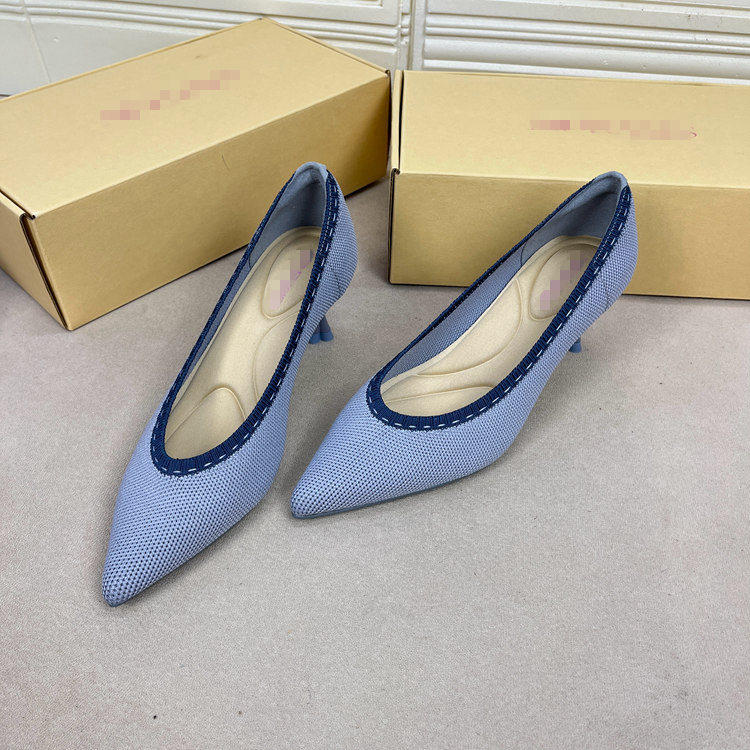 外贸原单女鞋新款工厂优惠尖头浅口细跟针织面一脚蹬职业通勤单鞋