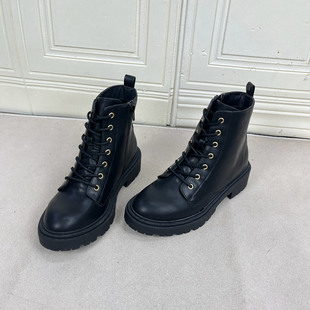 马丁靴 新款 Lady Shoes外贸原单圆头厚底粗跟系带短靴微瑕简约时尚