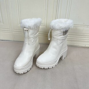 外贸原单女靴内里带毛时尚保暖圆头纯色厚底粗高跟防水台毛毛短靴