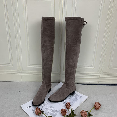 圆头低跟长筒靴侧拉链抽绳过膝靴