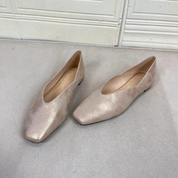 Lady Shoes外贸原单女鞋新款时尚方头纯色浅口V口平底一脚蹬单鞋