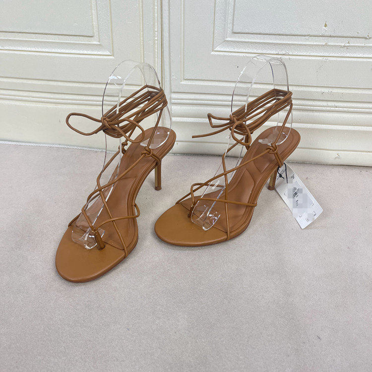 外贸原单shoes女鞋新款圆头纯色夹趾系带细高跟绑带时装凉鞋
