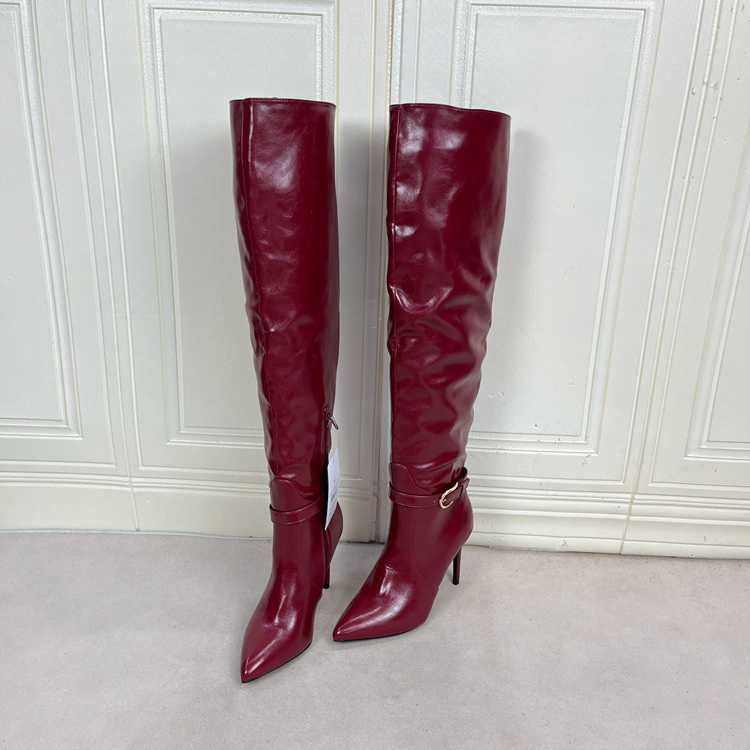 外贸原单女靴尖头纯色细高跟皮带扣侧拉链时装长靴过膝靴堆堆靴