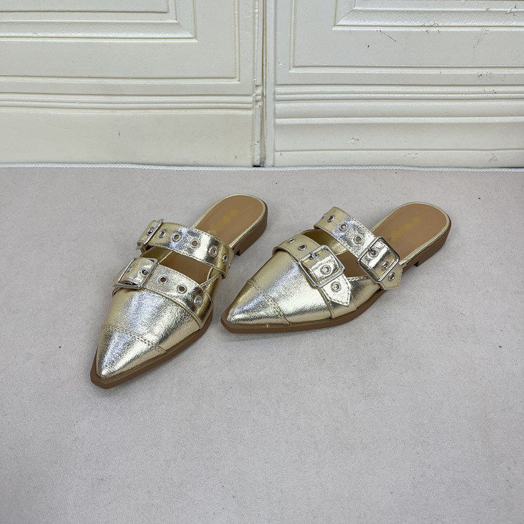 外贸原单女鞋新款尖头纯色皮带扣平底半拖时尚百搭时装包头凉鞋