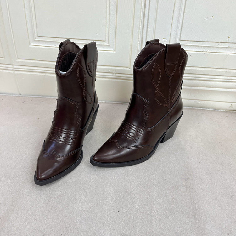 Lady Shoes 外贸原单女靴时尚通勤尖头纯色粗跟复古套筒时装短靴