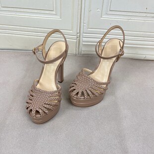 凉鞋 Lady 圆头纯色厚底细高跟一字扣时装 时尚 Shoes外贸原单女鞋