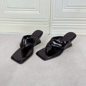 凉鞋 外贸原单shoes女鞋 里外全真皮偏瘦方头夹趾坡跟外穿夹趾拖鞋