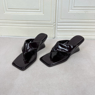 外贸原单shoes女鞋里外全真皮偏瘦方头夹趾坡跟外穿夹趾拖鞋凉鞋