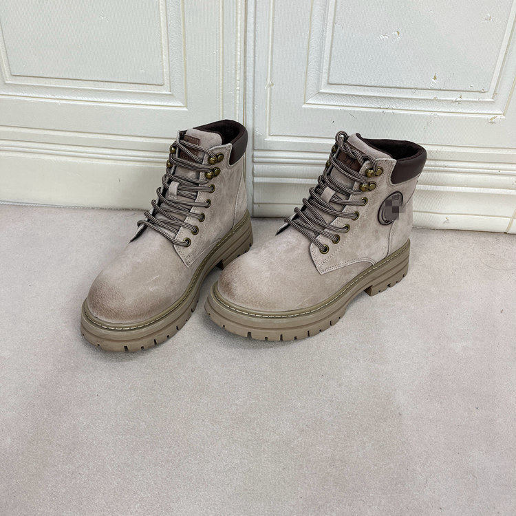 外贸原单女鞋真皮新款圆头纯色厚底系带粗跟短靴大黄靴户外登山靴