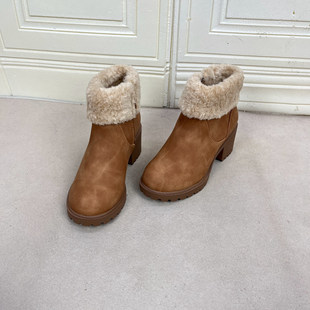 外贸原单粗跟短靴简约时尚新款童鞋圆头加绒保暖气质女靴子百搭