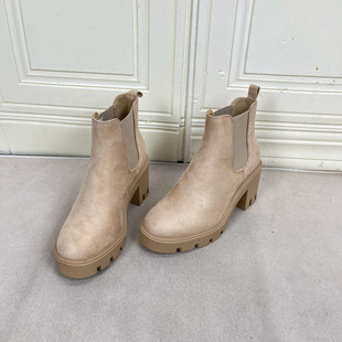 短靴 通勤圆头纯色粗高跟厚底套筒时装 Lady Shoes外贸原单女靴时尚