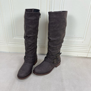 圆头纯色粗跟皮带扣时装 外贸原单女靴时尚 长靴堆堆靴 Shoes Lady