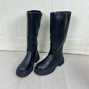 长靴 圆头纯色厚底粗跟时装 Lady Shoes外贸原单女靴内里加绒新款