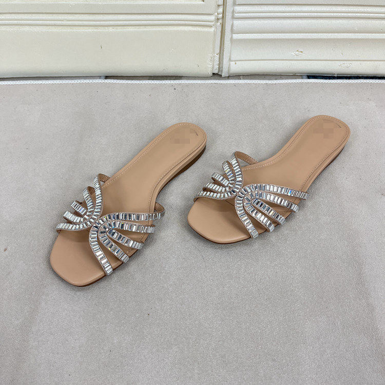 外贸原单方头带钻平底拖鞋简约时尚新款一字拖舒适休闲日常外穿