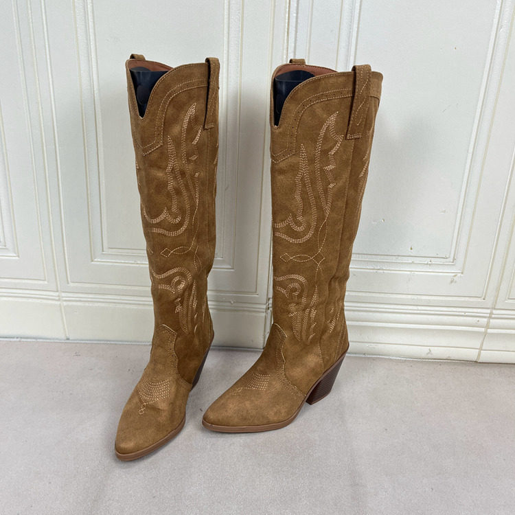 外贸原单女靴时尚百搭新款绒面尖头纯色粗跟套筒复古西部时装长靴,女鞋,时装靴,淘宝优惠券,粉丝福利购,淘宝优惠卷