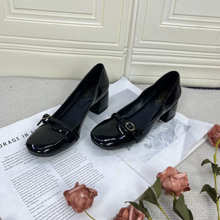 外贸原单欧美时尚鞋垫羊皮扣带复古小方头粗跟浅口单鞋女鞋玛丽珍