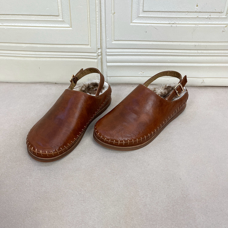 外贸原单真皮秋冬博肯单鞋内里加绒简约时尚新款圆头后带舒适休闲