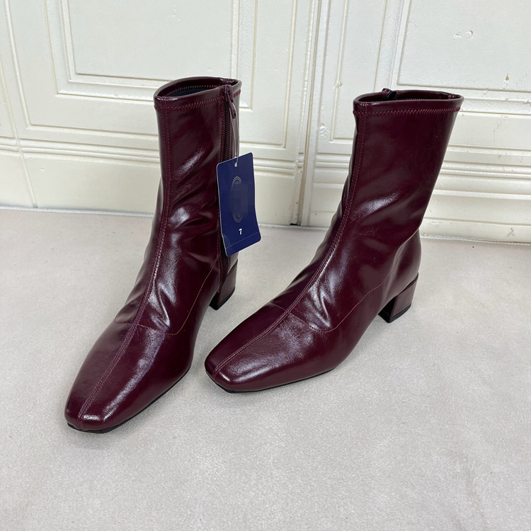 外贸原单女靴新款时尚方头纯色粗跟侧拉链时装短靴百搭通勤瘦瘦靴